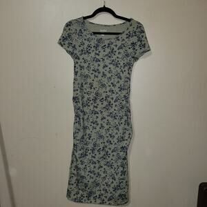 Isabel M‎ Maternity Dress Green Cotton Midi Ruched Sides Cap Sleeve T-Shirt